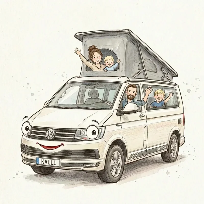 Die Schneiders winken fröhlich aus Kalli ihrem treuen VW-Bus